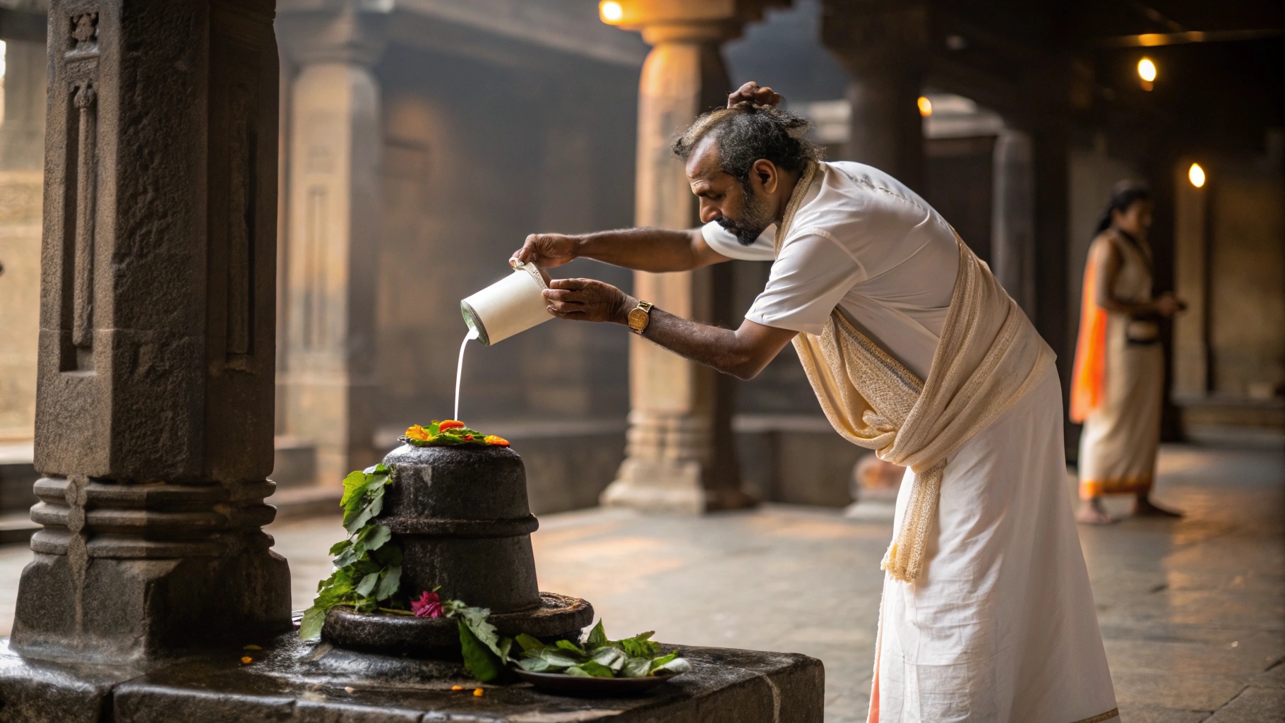 devotee-pouring-milk-on-a-shivling-with-bilva