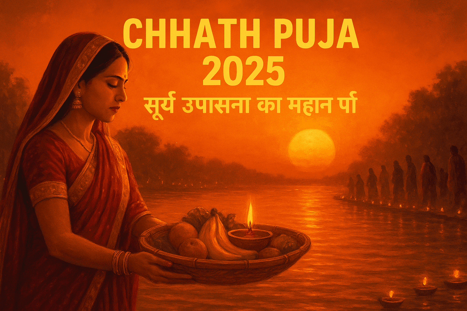 Chhath Puja 2025 में महिला सूर्य देव को अर्घ्य देती हुई — घाट पर दीपों की रोशनी और भक्तों की भीड़।