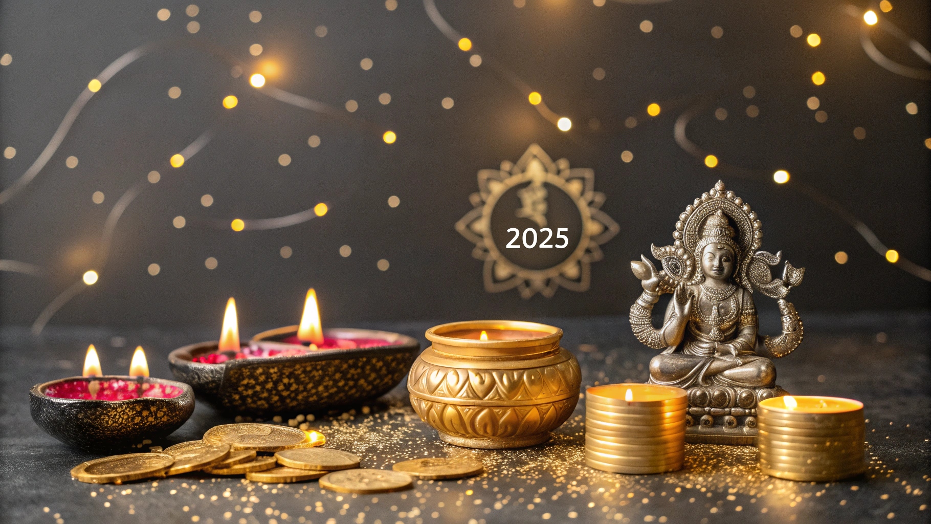 Dhanteras 2025 thumbnail showing Goddess Lakshmi idol, glowing diyas, gold coins, and kalash with black and golden festive background and Hindi text “धनतेरस 2025 शुभ मुहूर्त, पूजा विधि और क्या खरीदें
