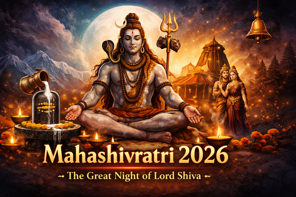 ord Shiva meditating with Shivling and temple on Mahashivratri 2026 night with full moon background