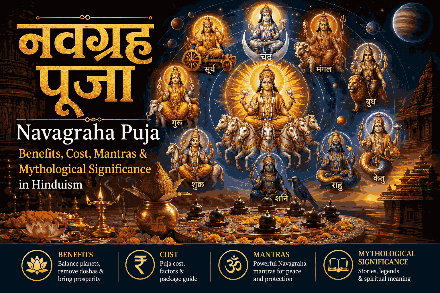 नवग्रह पूजा का आकर्षक चित्र जिसमें सूर्य सहित नौ ग्रह देवताओं को दर्शाया गया है, पूजा वेदी, दीपक और धार्मिक सामग्री के साथ; Navagraha Puja benefits, mantras, cost और Hindu mythology significance को दर्शाता हुआ आध्यात्मिक दृश्य।