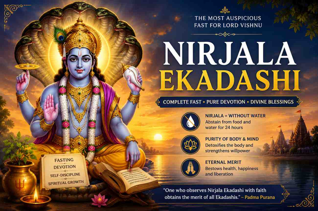 Devotee observing Nirjala Ekadashi 2026 waterless fast with Lord Vishnu puja on 25 June