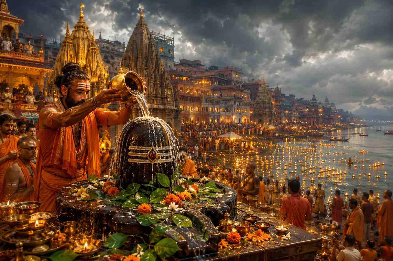 Devotees performing Rudrabhishek at Shivalinga with Gangajal in Banaras
