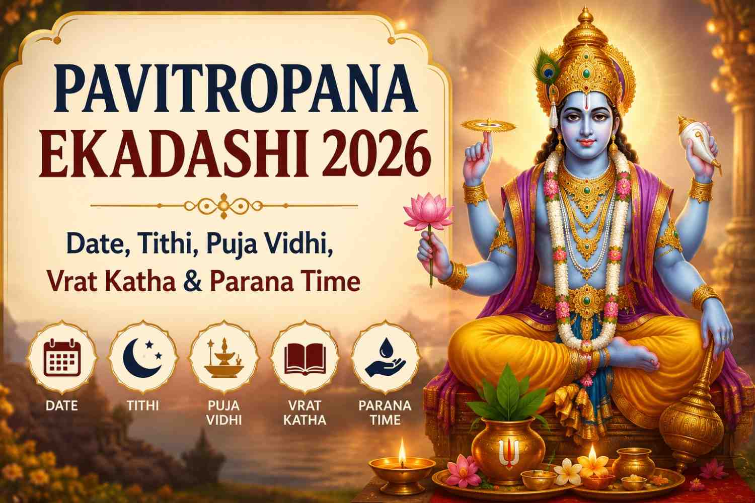 Lord Vishnu idol decorated with flowers and tulsi leaves on Pavitropana Ekadashi 2026