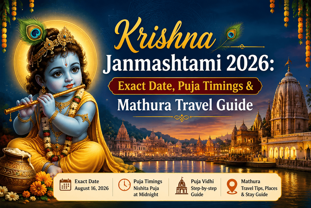 Krishna Janmashtami 2026 with Lord Krishna, Mathura temples, exact date, puja timings, and a Mathura travel guide.