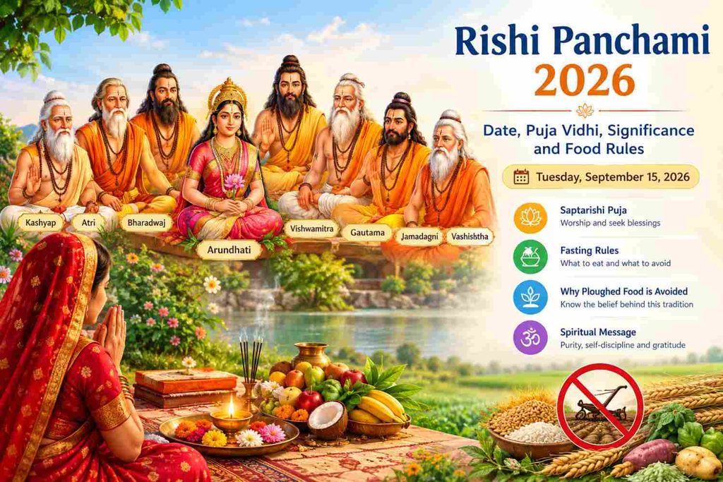 Rishi Panchami 2026 featuring Saptarishis and Goddess Arundhati, a woman performing puja, fasting foods, and the traditional belief of avoiding ploughed crops.