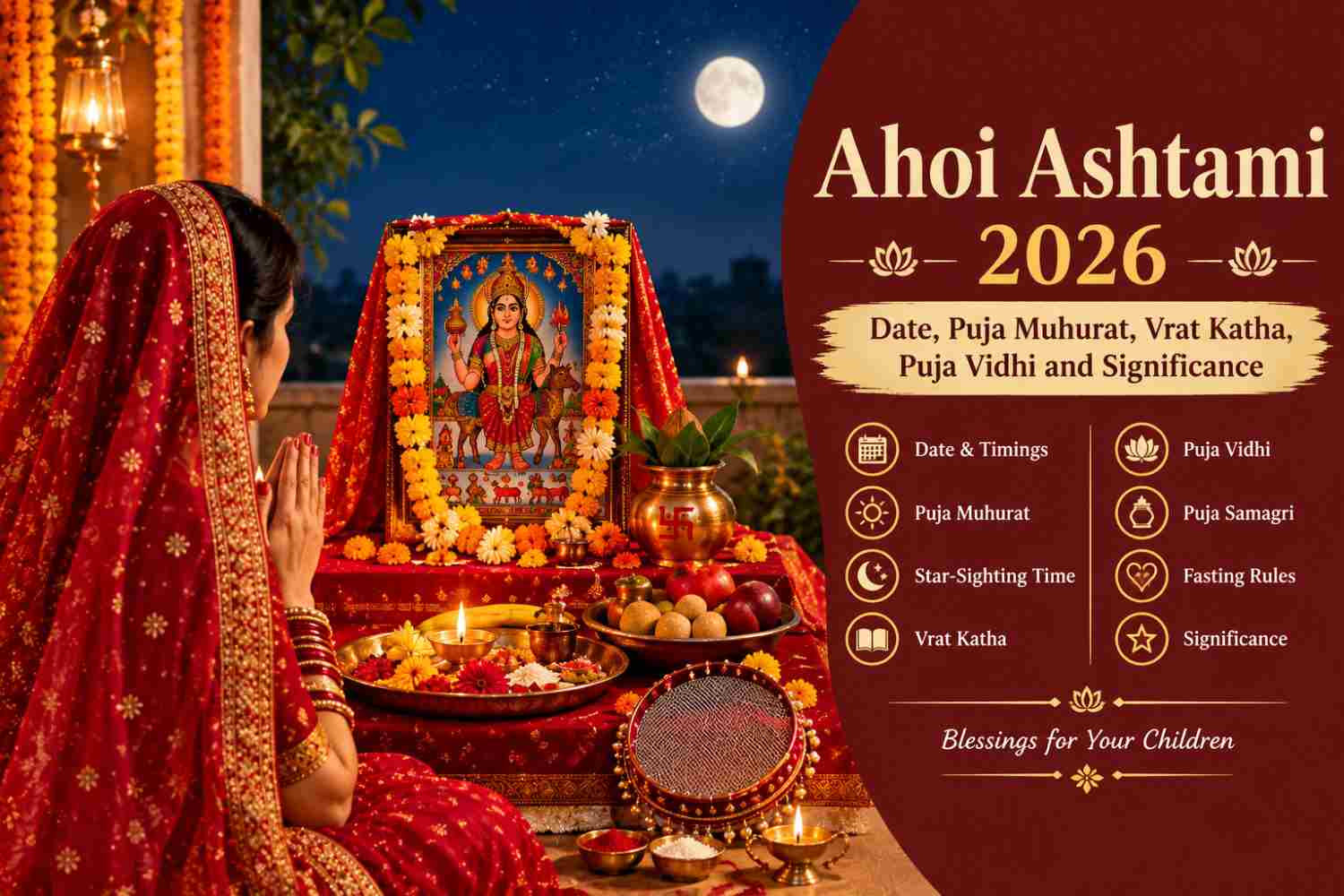 Ahoi Ashtami 2026 puja setup with Ahoi Mata image, diya, flowers and traditional offerings