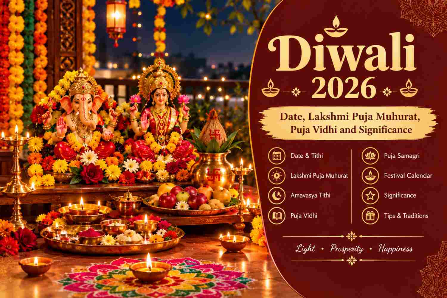Diwali celebration with glowing diyas, rangoli, flowers, and a traditional Lakshmi-Ganesha puja arrangement