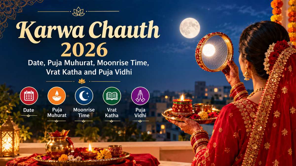 Karwa Chauth 2026 puja thali with diya, karwa pot, sieve and traditional festive decorations